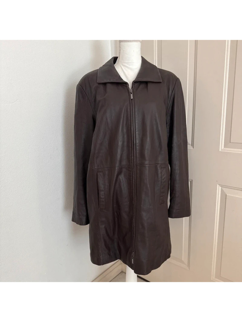 Jacklyn Smith dark chocolate brown leather trench coat jacket